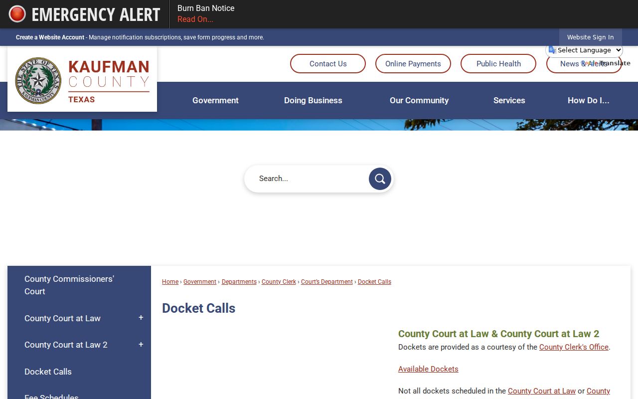 Kaufman County court dates on the Docket Calls page